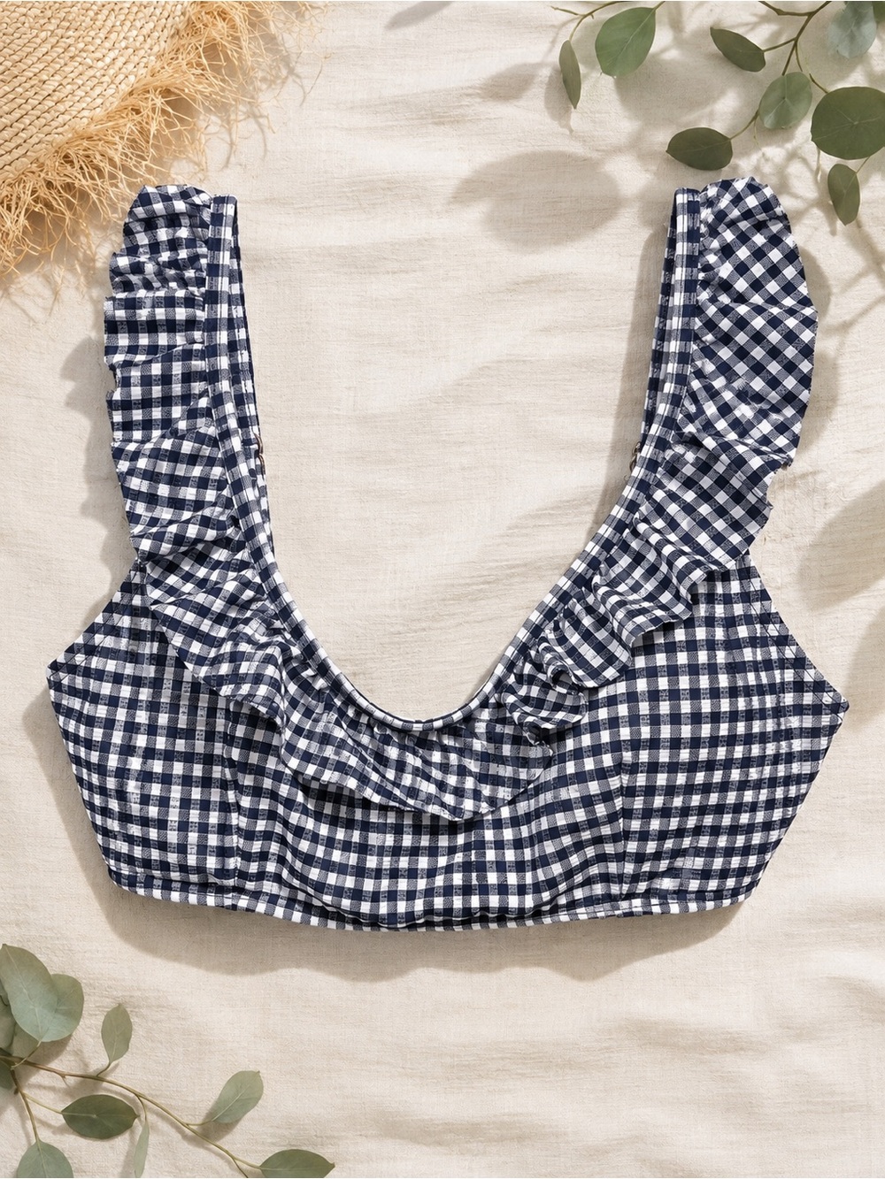 LOFT Beach Gingham Ruffle Bikini Top L Navy White Coastal Preppy Swim